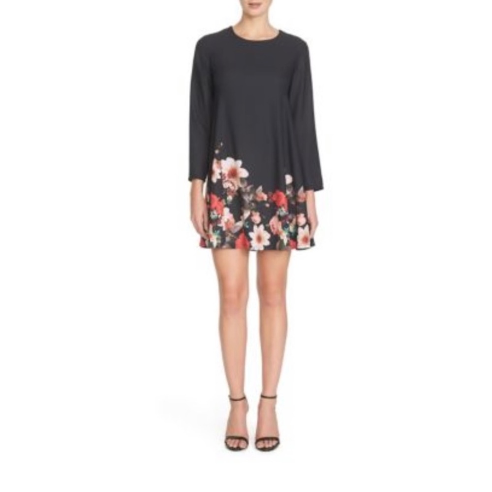 CeCe Floral Border Print Long Sleeve Dress, Black Size 10